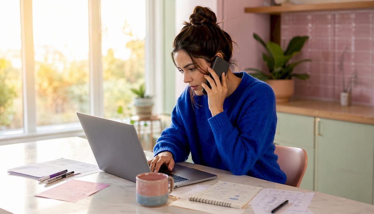 Small business owner using SEO tools at home desk