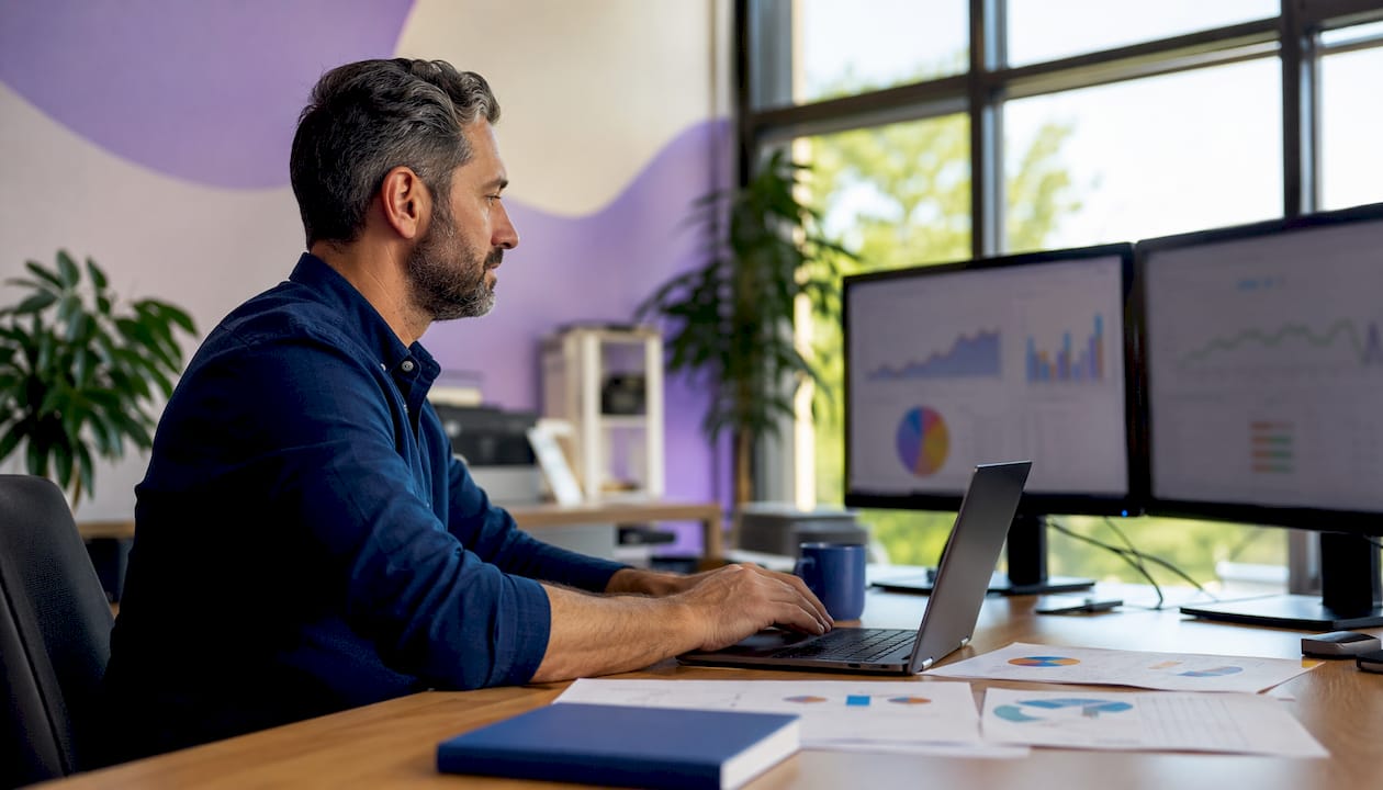 PR analyst working on media monitoring in office