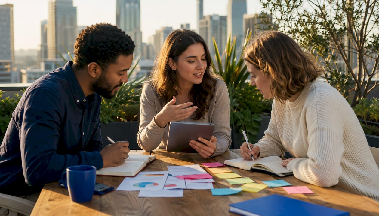 PR team collaborating in modern office meeting room