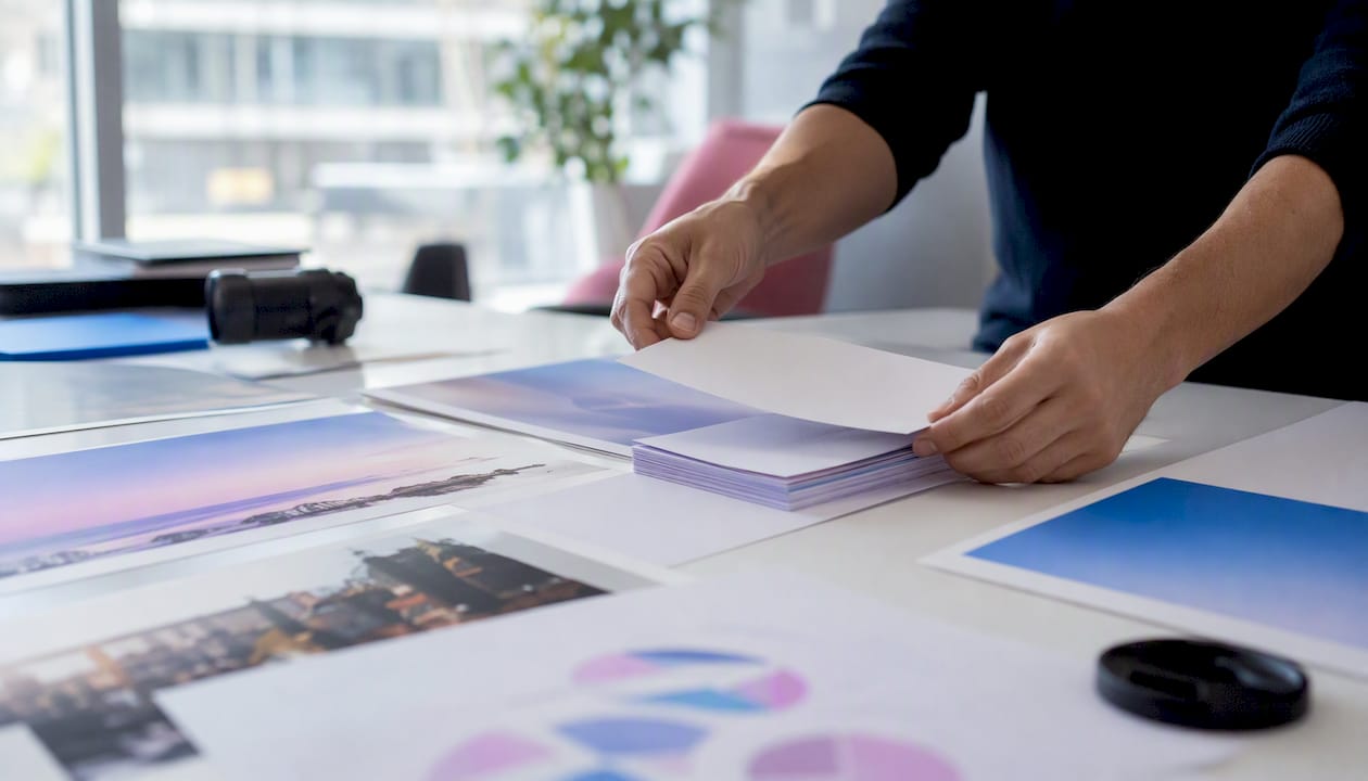 Hands arranging press release SEO assets on desk