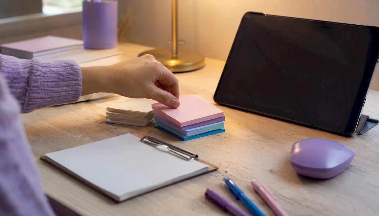 Hands organizing content planning materials on desk