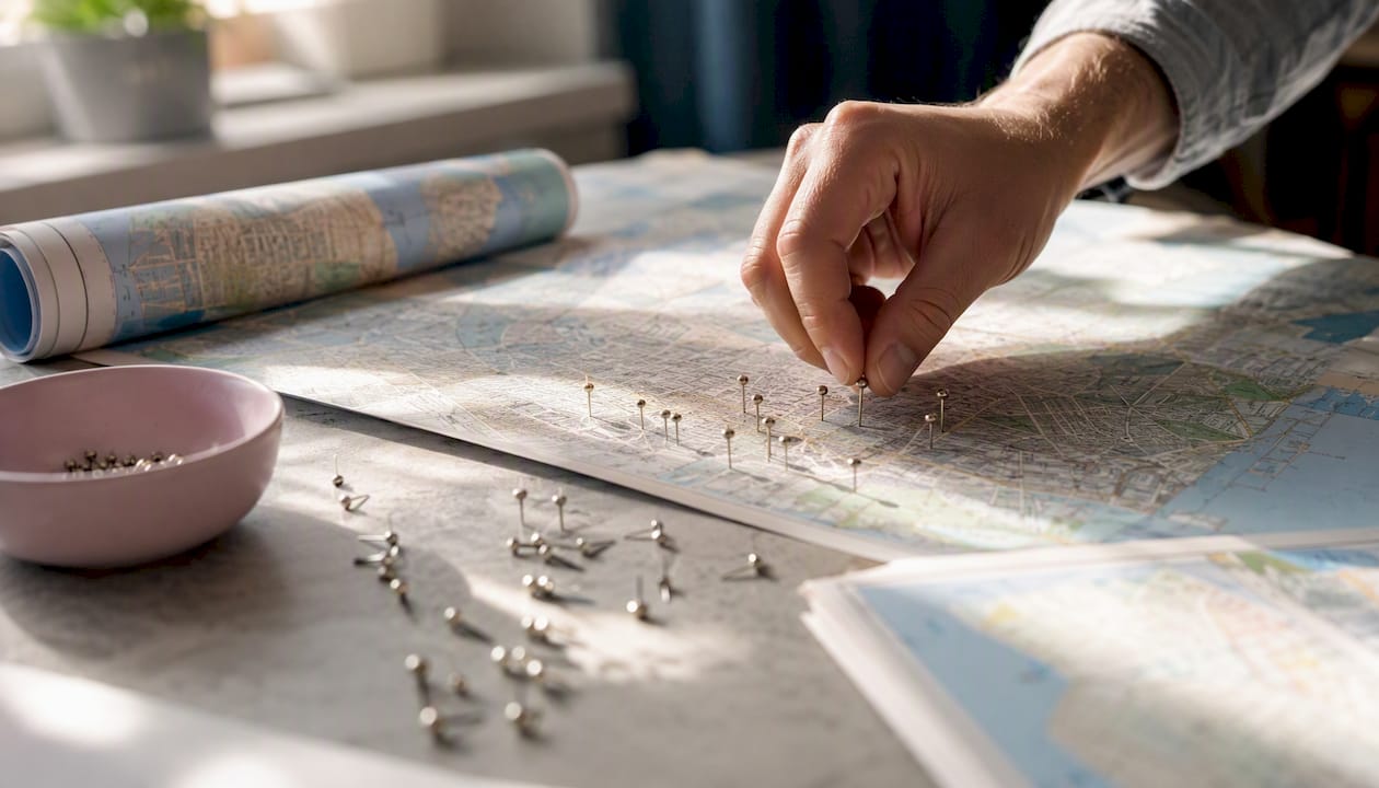 Hand positioning location pins on maps for local SEO