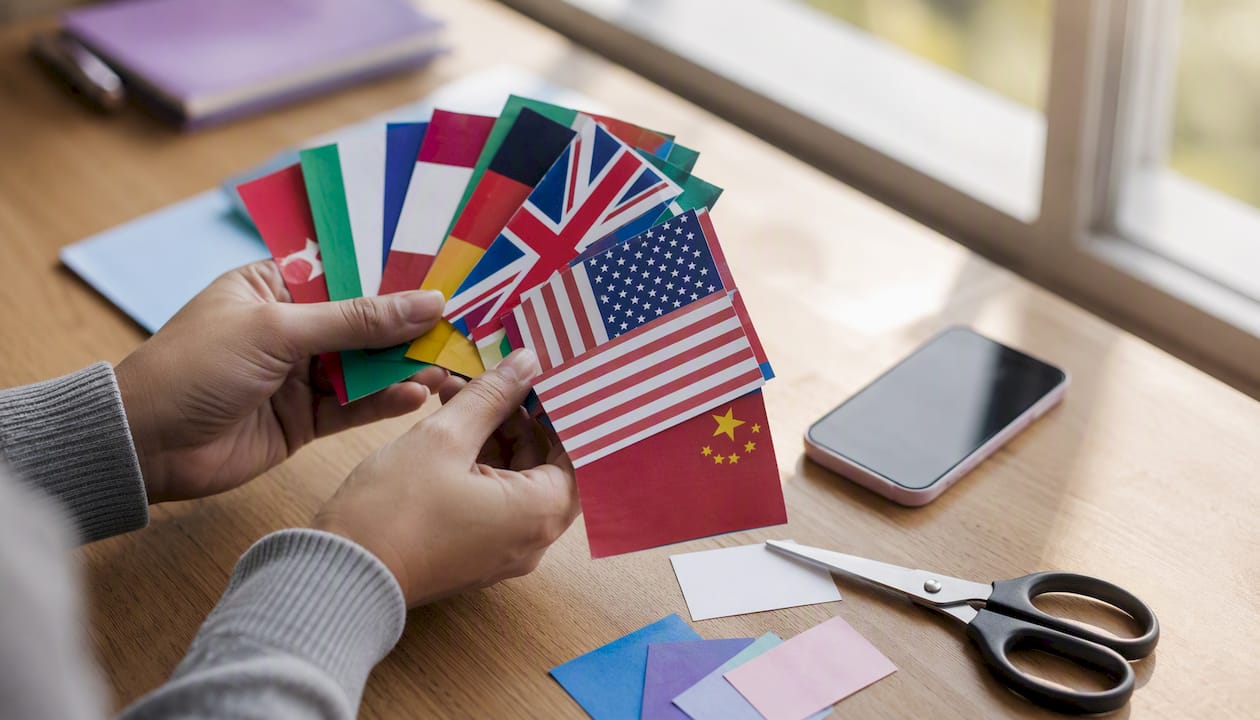 Hands holding multilingual flag cards on desk