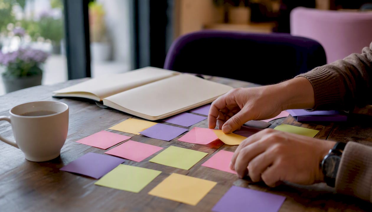 Hands clustering keyword notes on table