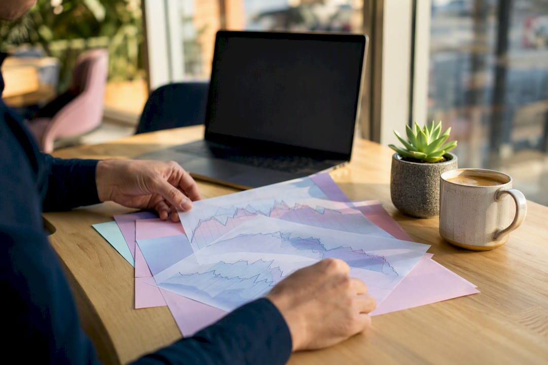 Hands sorting keyword trend graphs on desk