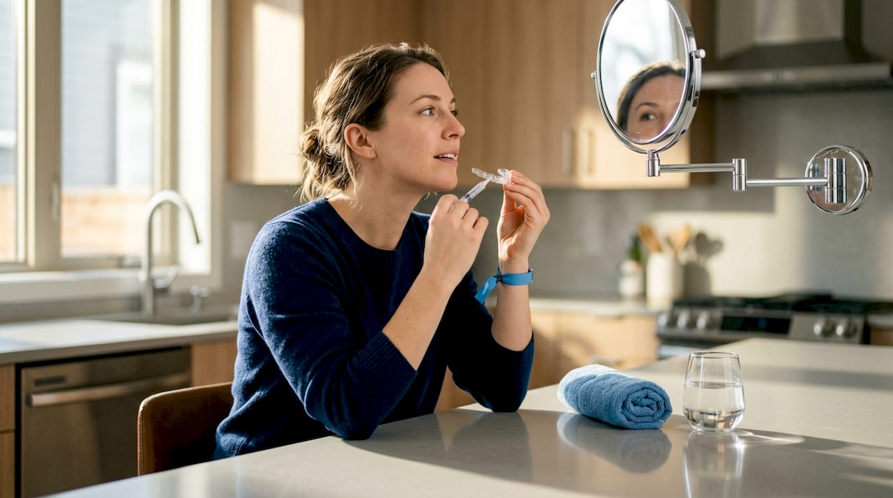 Woman applying whitening gel in bathroom
