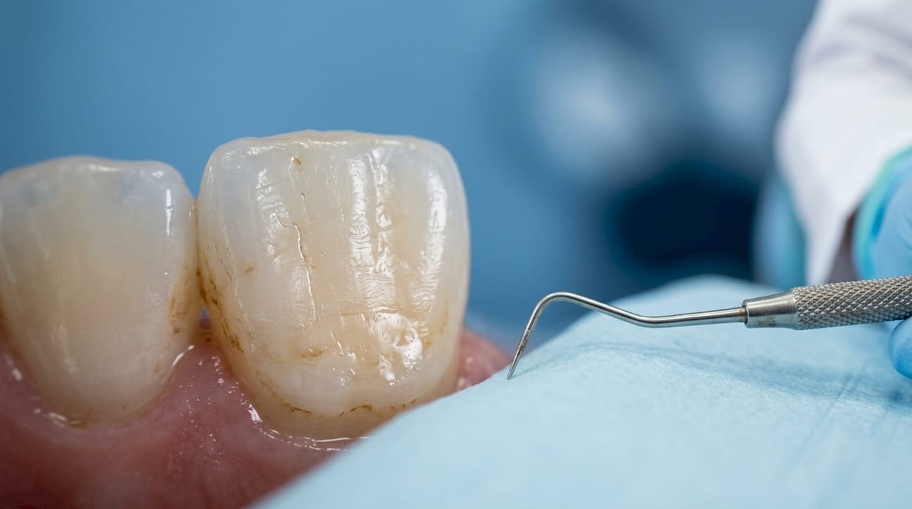 Close-up of stained tooth enamel surface