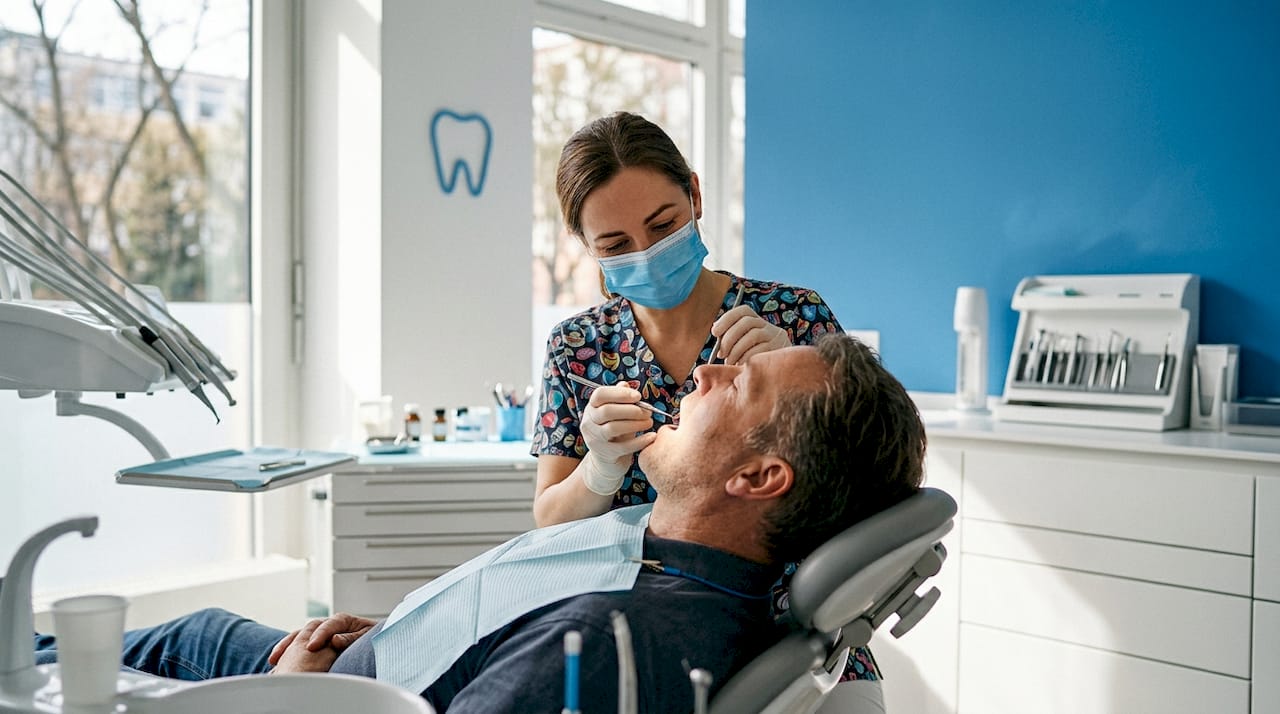 Dentist examining patient with tooth pain
