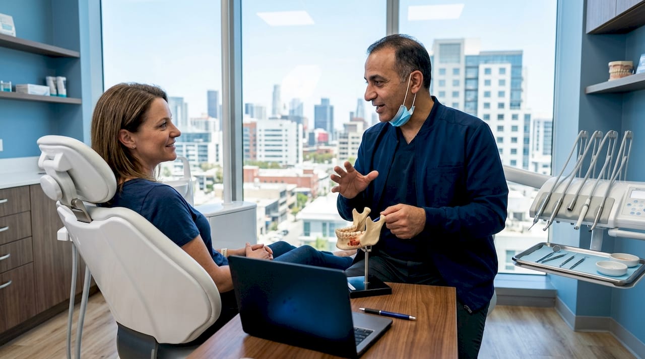 Patient consulting dental implant specialist