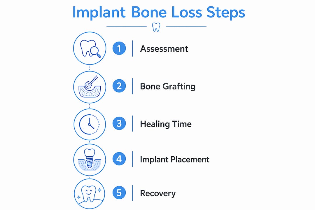 Infographic illustrating dental implant process steps with bone loss