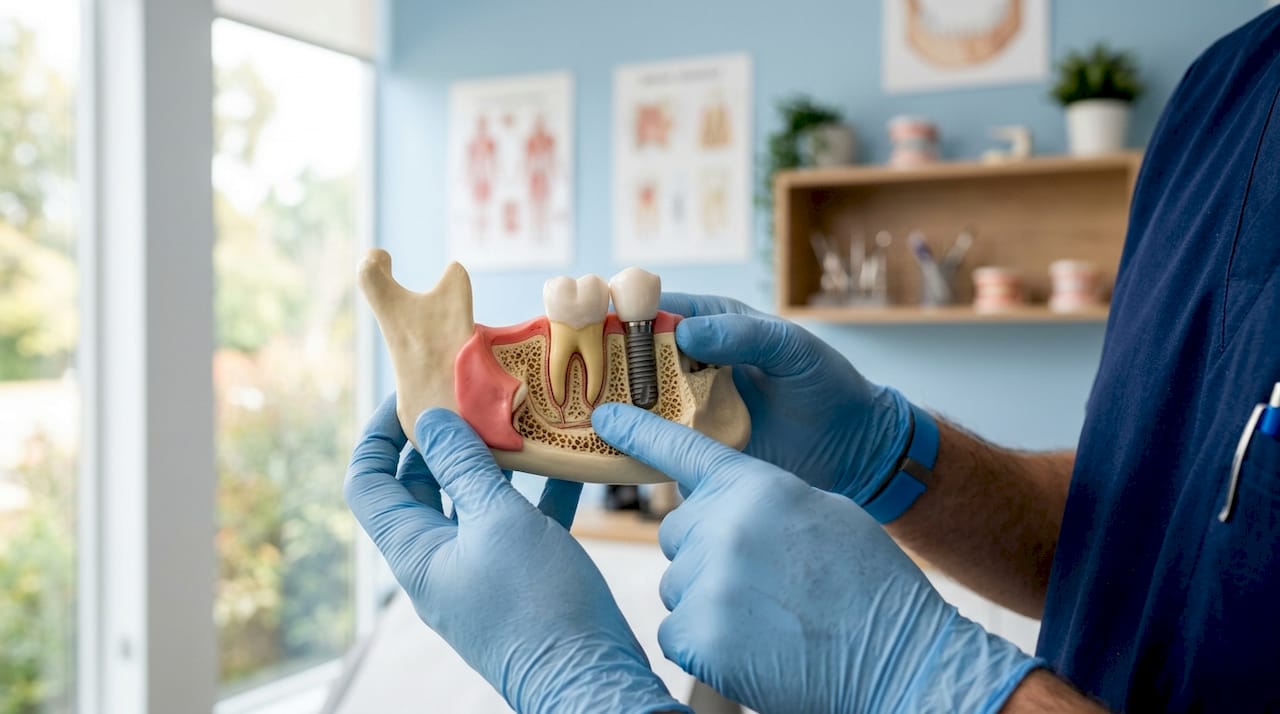 Dental model showing natural tooth and implant attachment