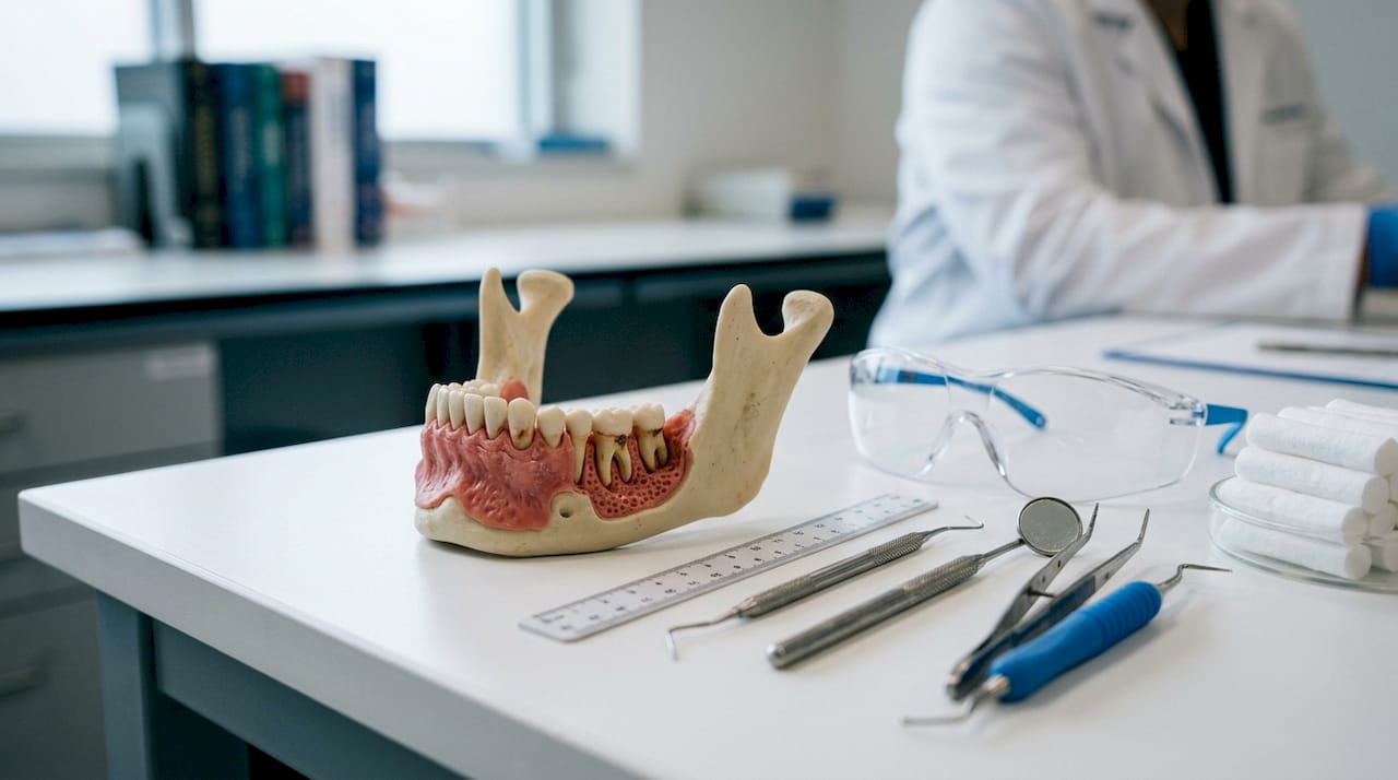 Close-up jawbone model with bone loss details