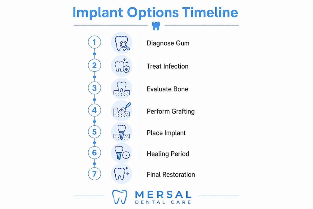 Infographic showing steps for dental implant procedure with bone loss