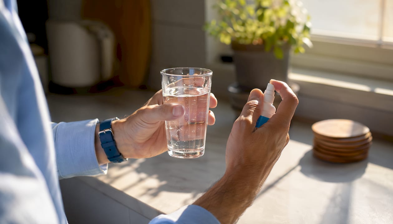 Hands holding water glass and saliva spray bottle