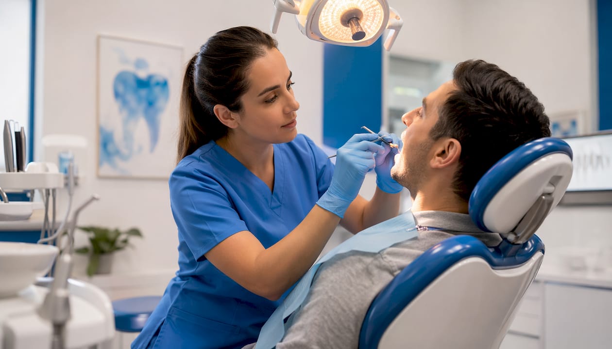 Dental hygienist examining male patient’s mouth