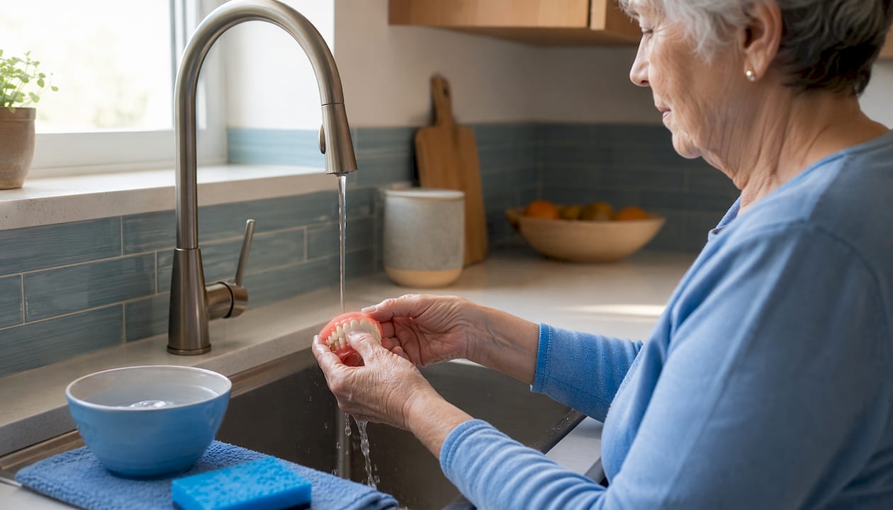 Hands cleaning traditional dentures over sink
