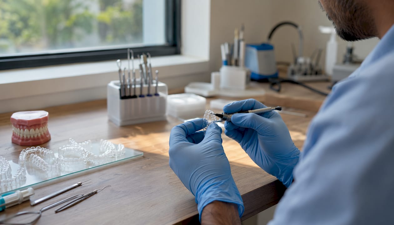 Hands assembling clear aligner trays