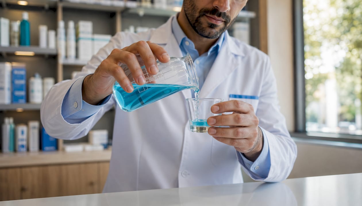 Pharmacist holding mouthwash beaker