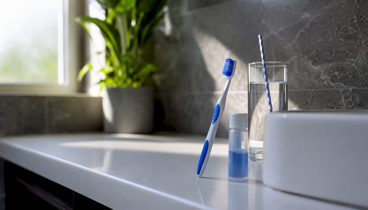 Flat lay of home sensitive teeth care items