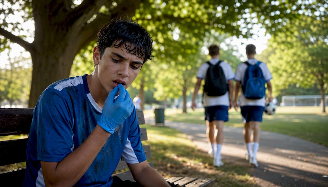 Teenage boy touching front tooth after sports injury
