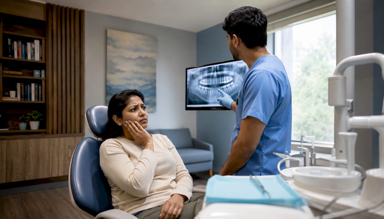 Woman in dental chair holding cheek, dentist consulting X-ray