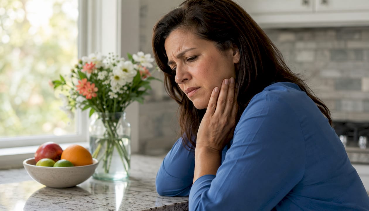 Woman holding jaw in dental pain at home