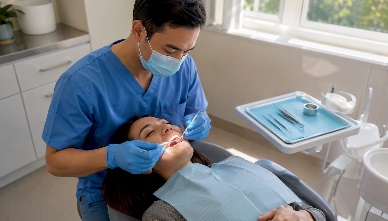 Dental hygienist cleaning patient teeth