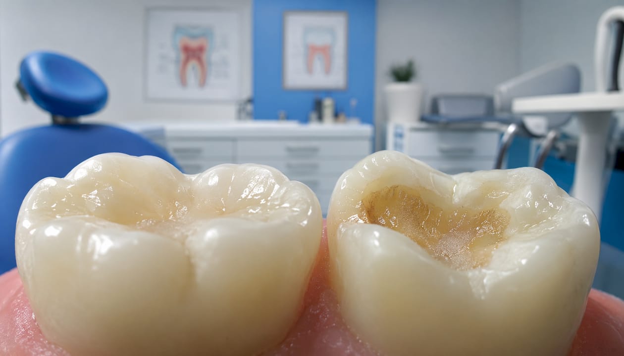 Close-up of tooth enamel erosion