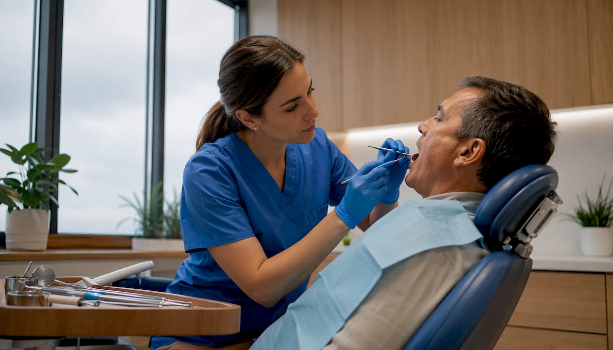 Dentist examining patient's sensitive tooth