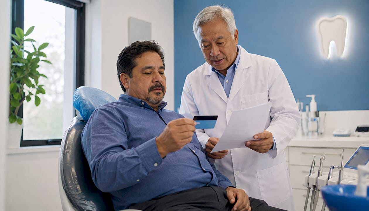 Dentist discussing crown cost with patient