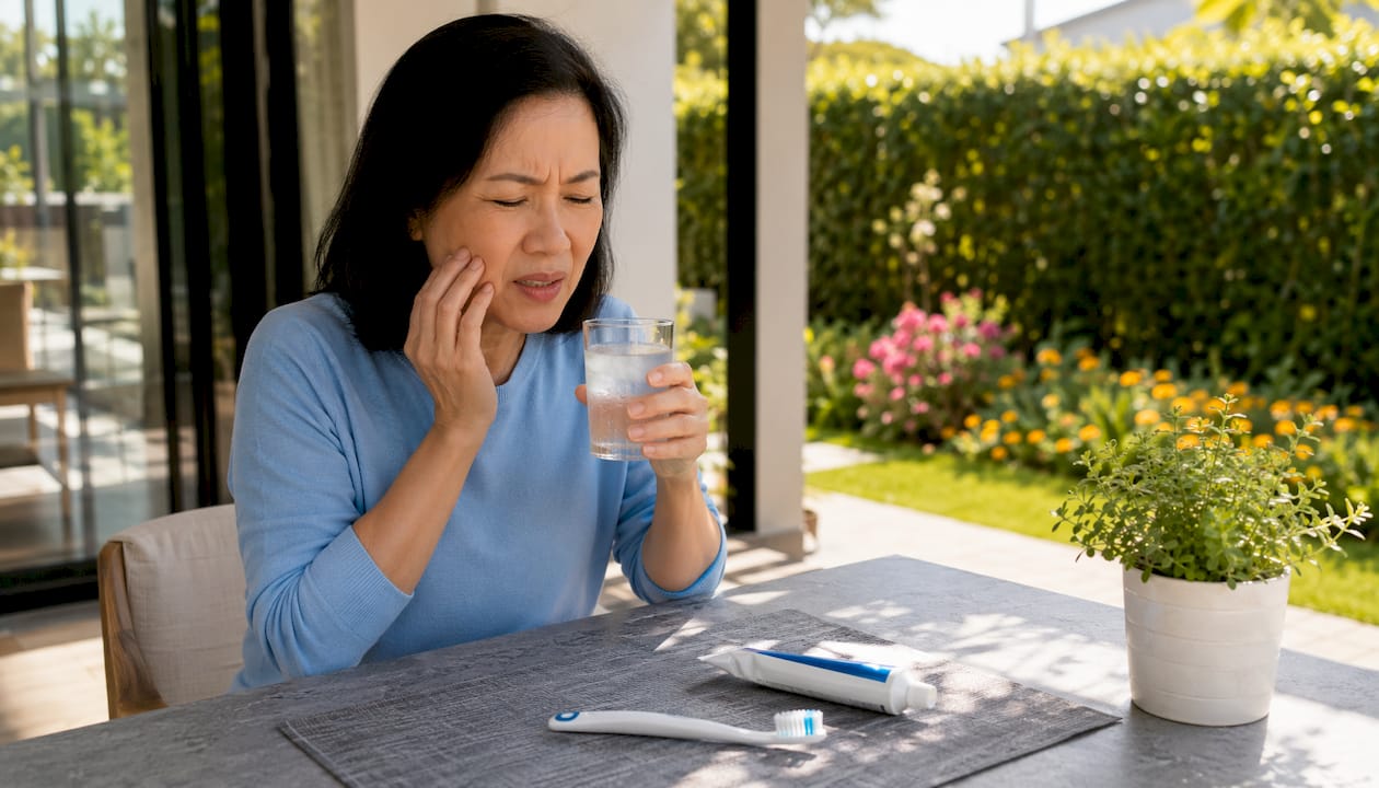 Woman holding cold drink showing tooth sensitivity