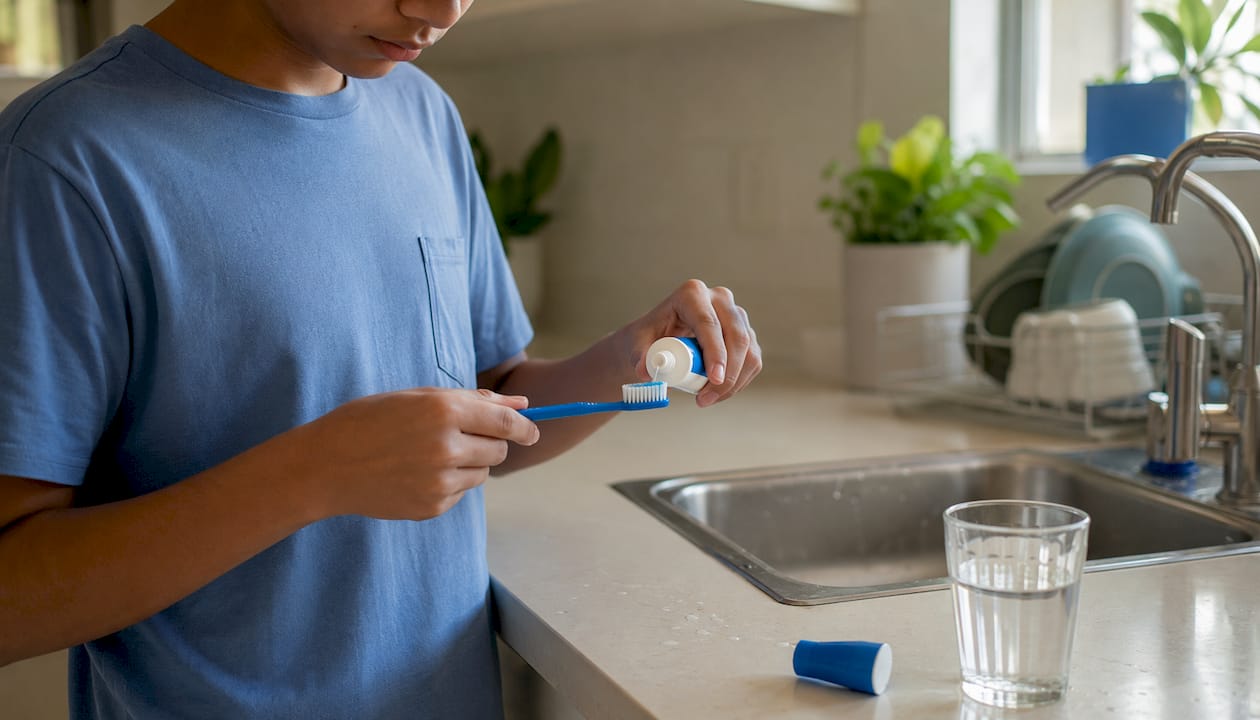 Hands applying toothpaste to toothbrush close-up