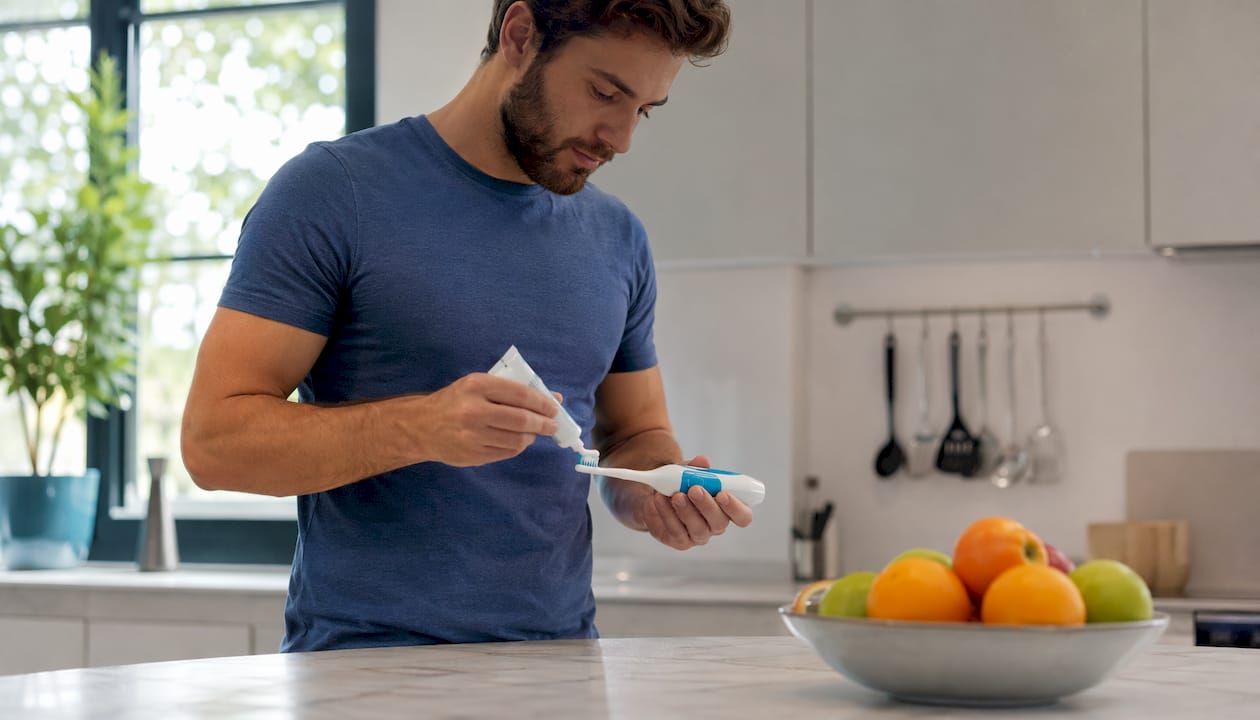 Man applying desensitizing toothpaste in bathroom