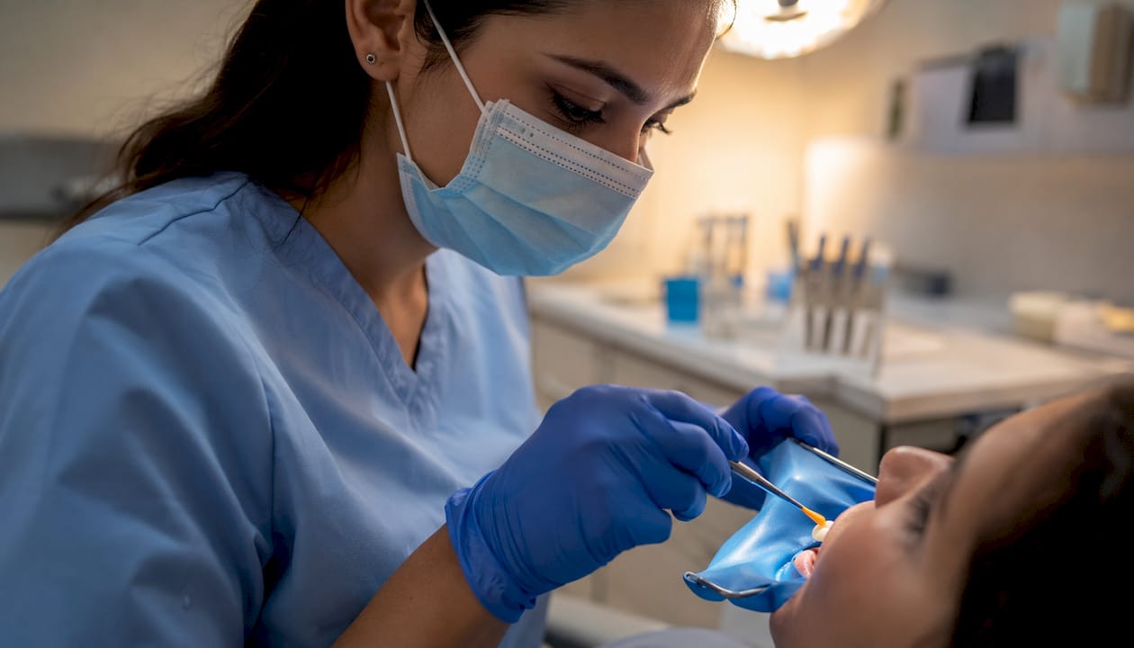 Dentist applying fluoride varnish to tooth