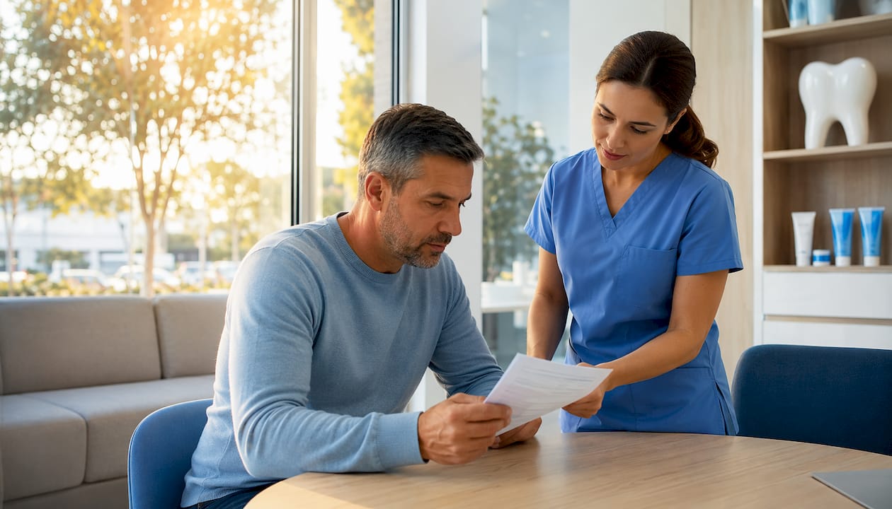 Dentist and patient reviewing billing paperwork