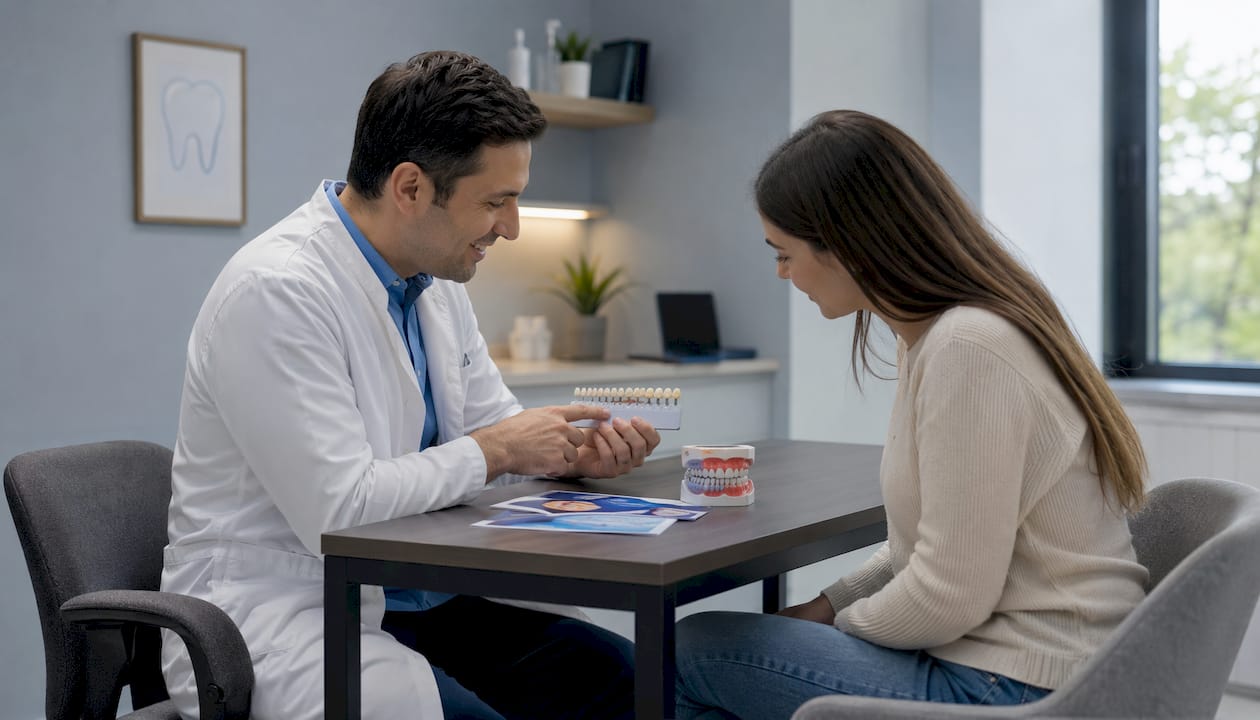 Dentist and patient discussing teeth whitening options