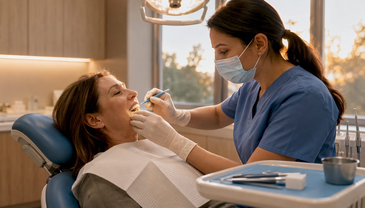 Dentist applying whitening gel to patient's teeth