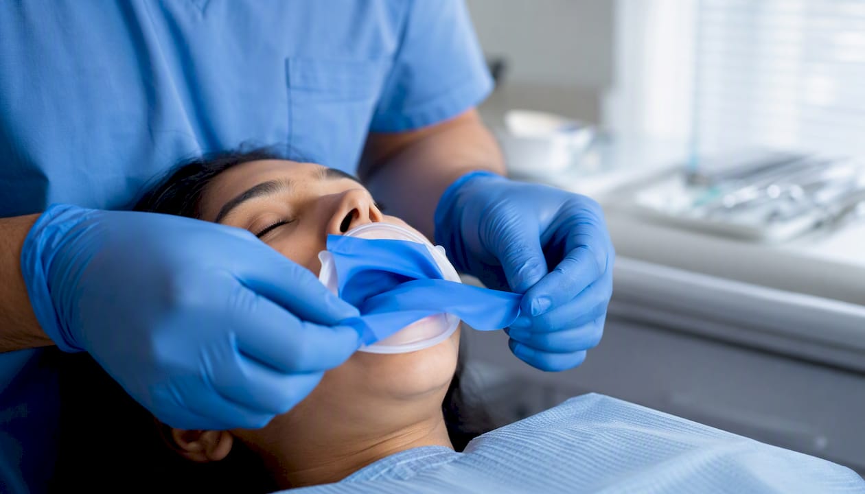 Dentist applying protective barrier on patient gums