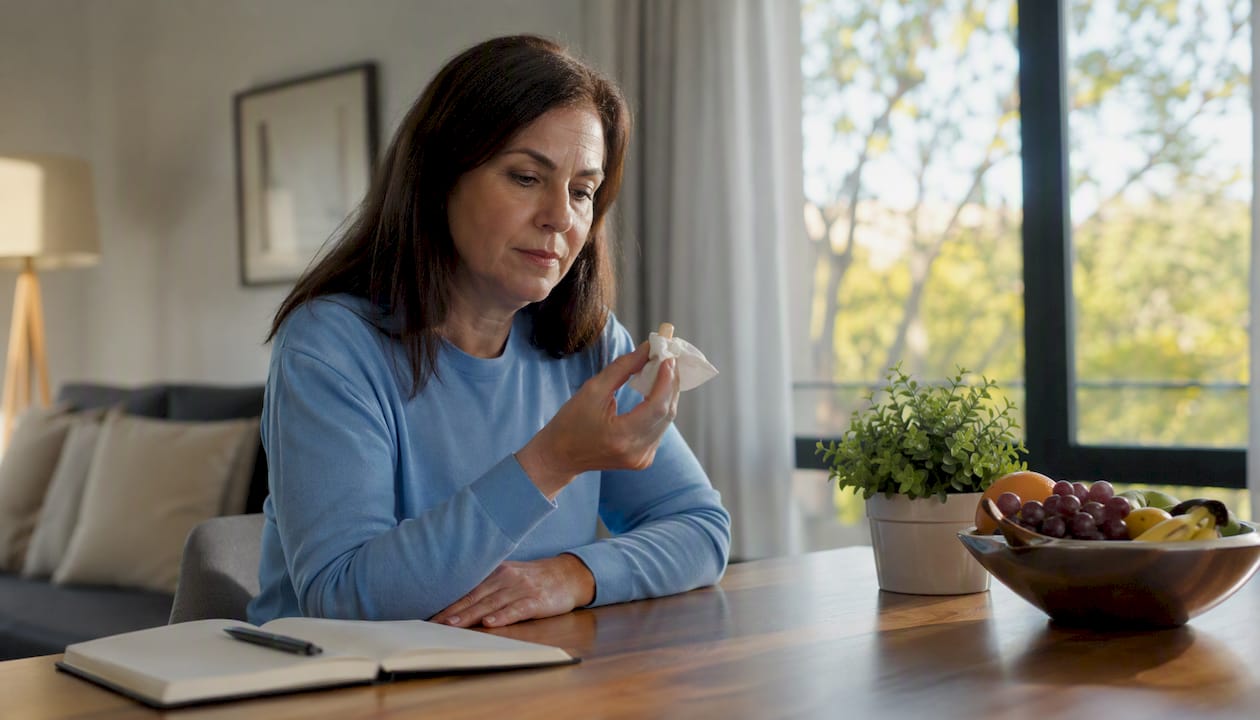 Woman holding lost dental crown at kitchen table