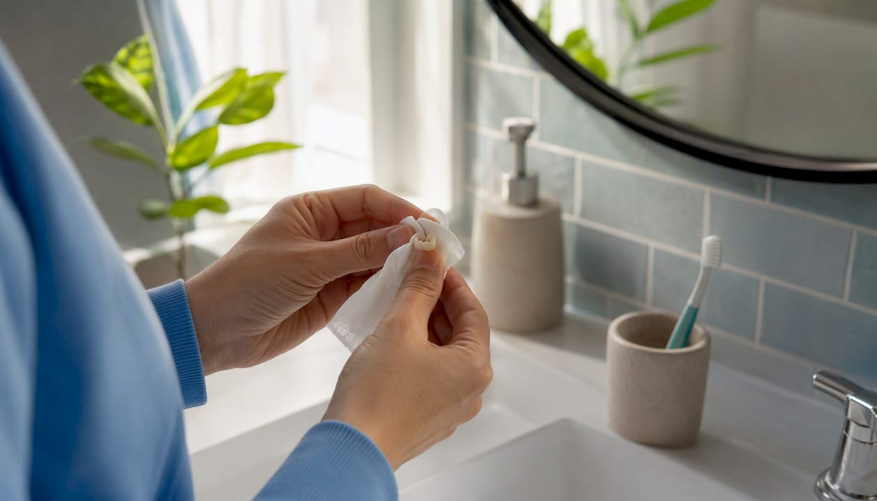 Close-up hands drying dental crown with gauze