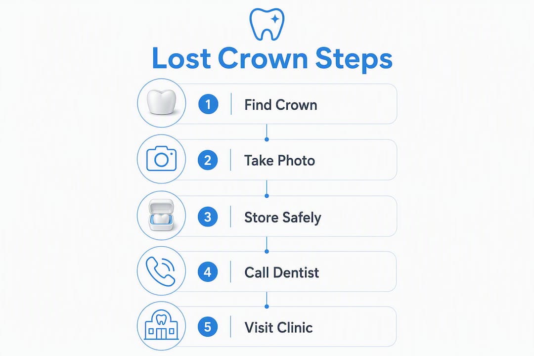 Infographic illustrating steps to take after crown falls out