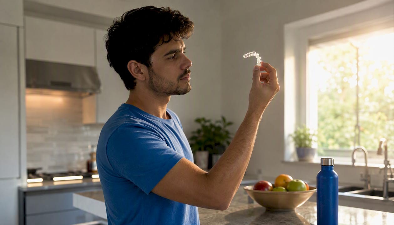 Patient examining loose Invisalign tray fit at home