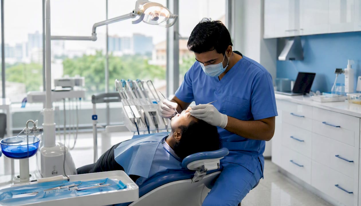 Dentist applying attachments to teeth for Invisalign