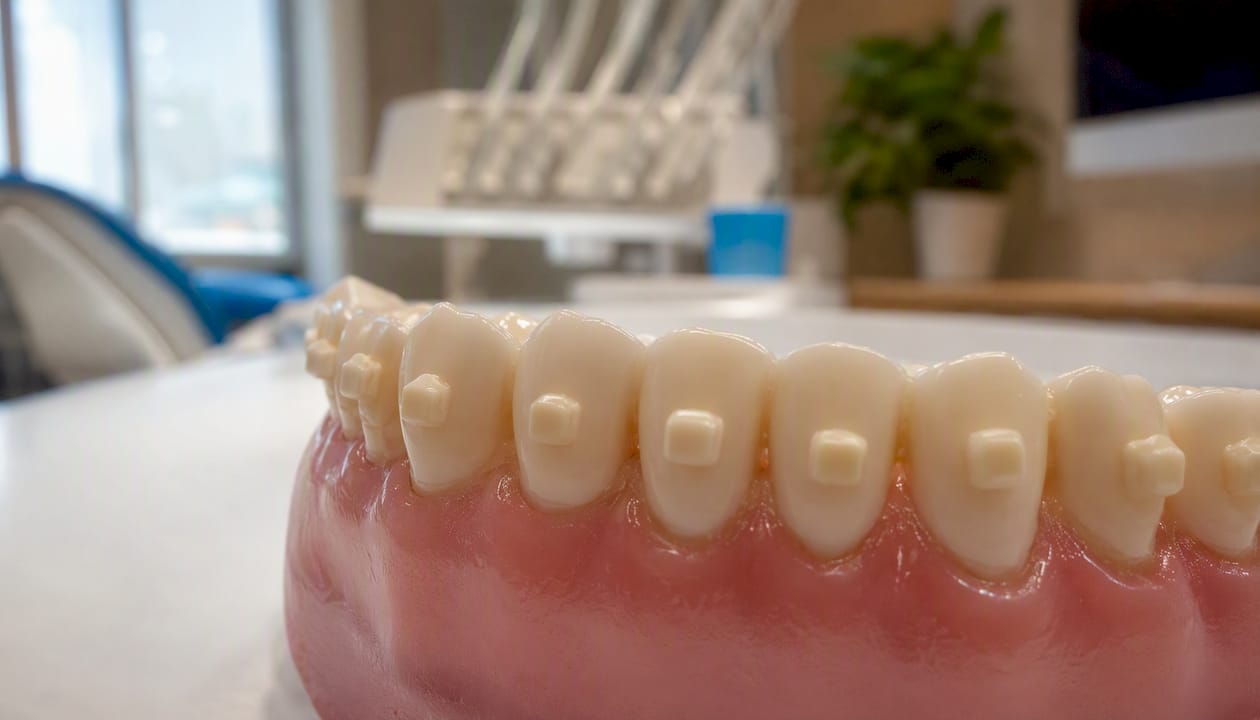 Macro shot of Invisalign SmartForce attachments on dental model