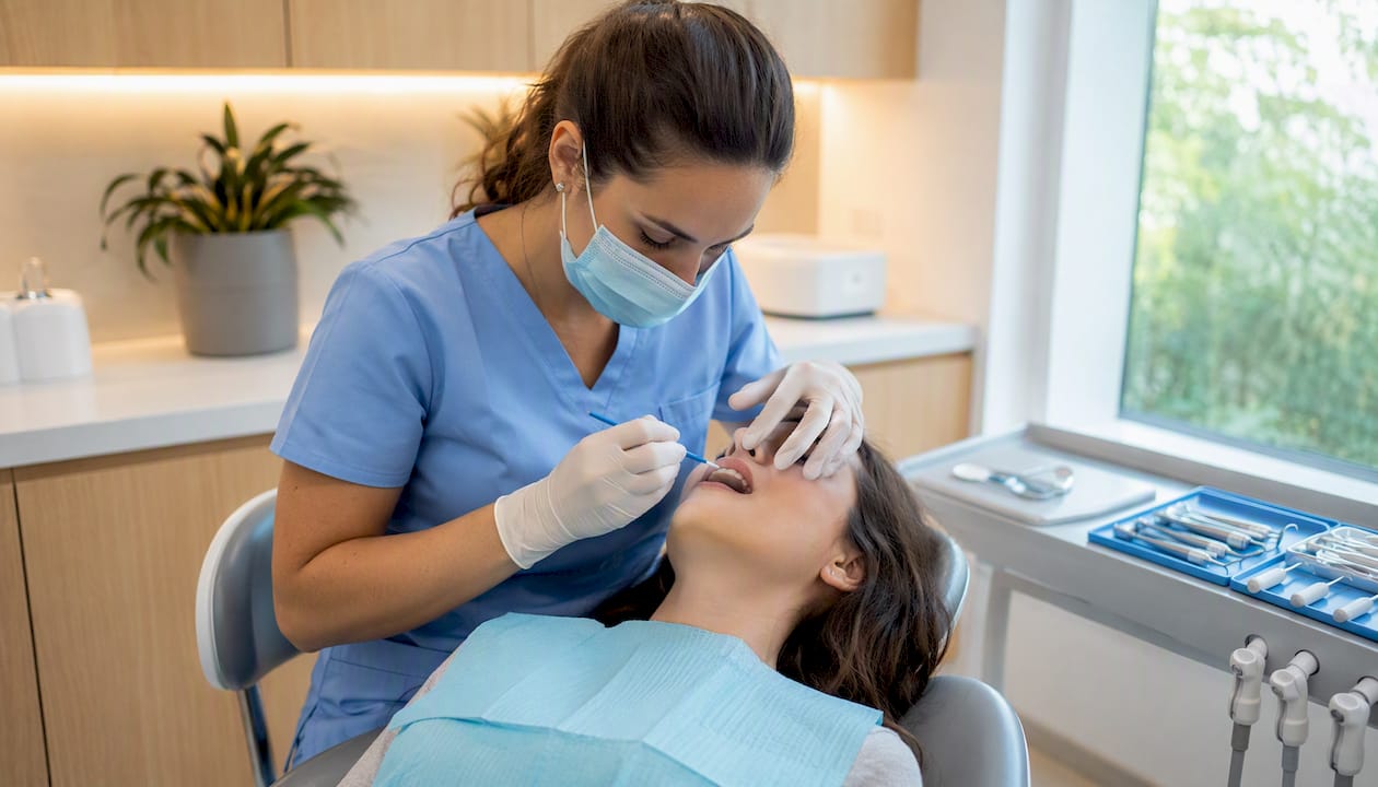 Dental hygienist bonding Invisalign attachment on molar