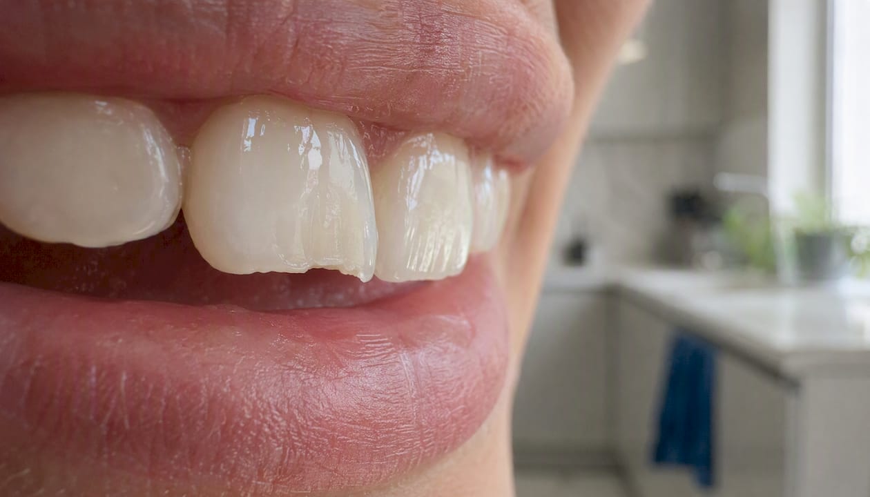 Close-up of chipped enamel on front tooth