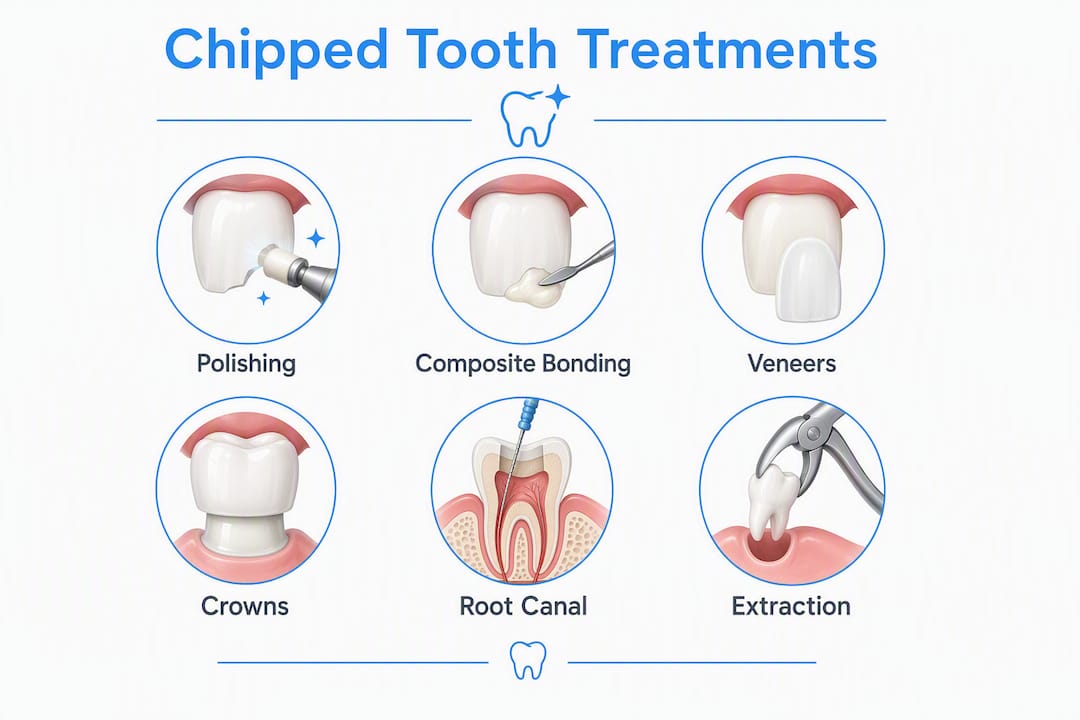 Infographic showing treatment steps for chipped tooth