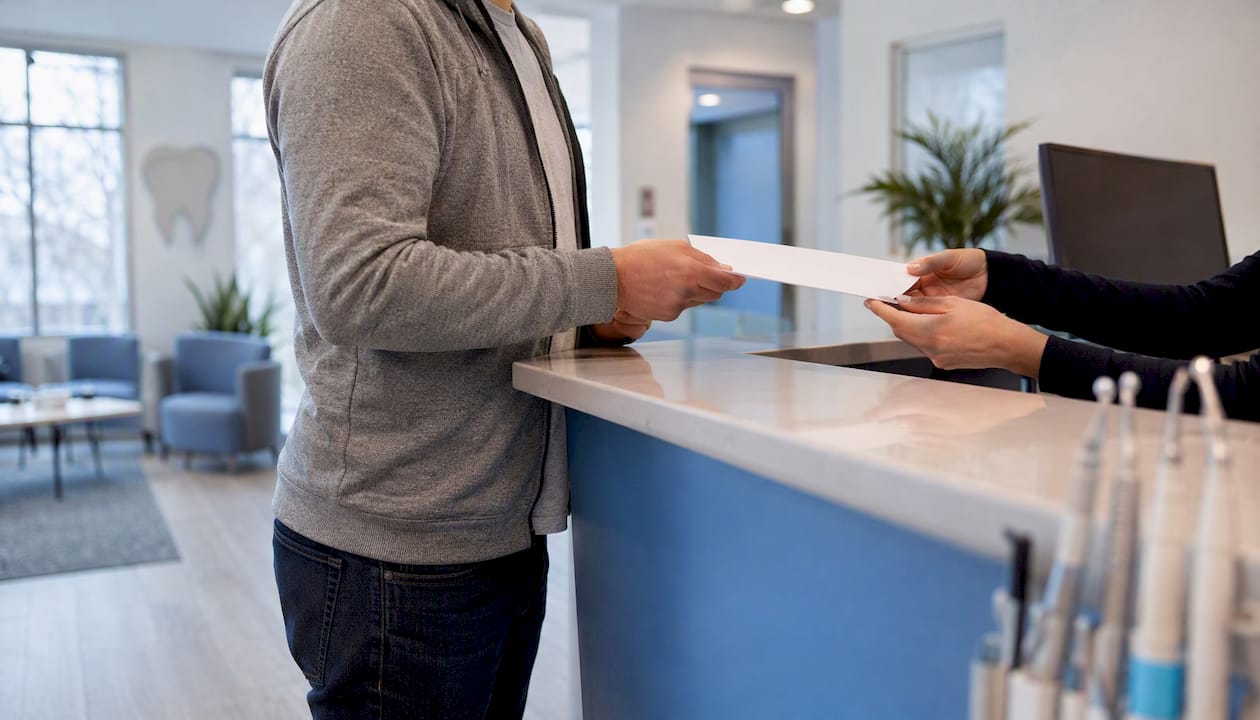 Parent handing application form at dental office