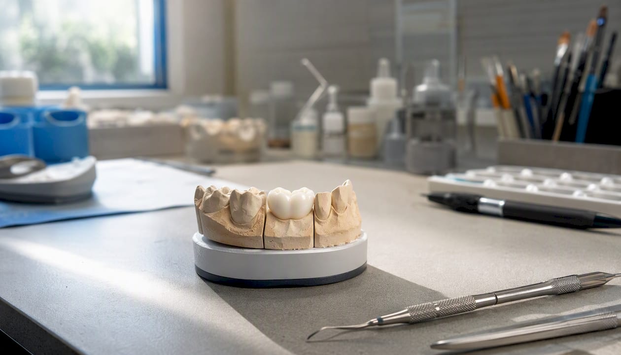 Zirconia dental crown on tooth model