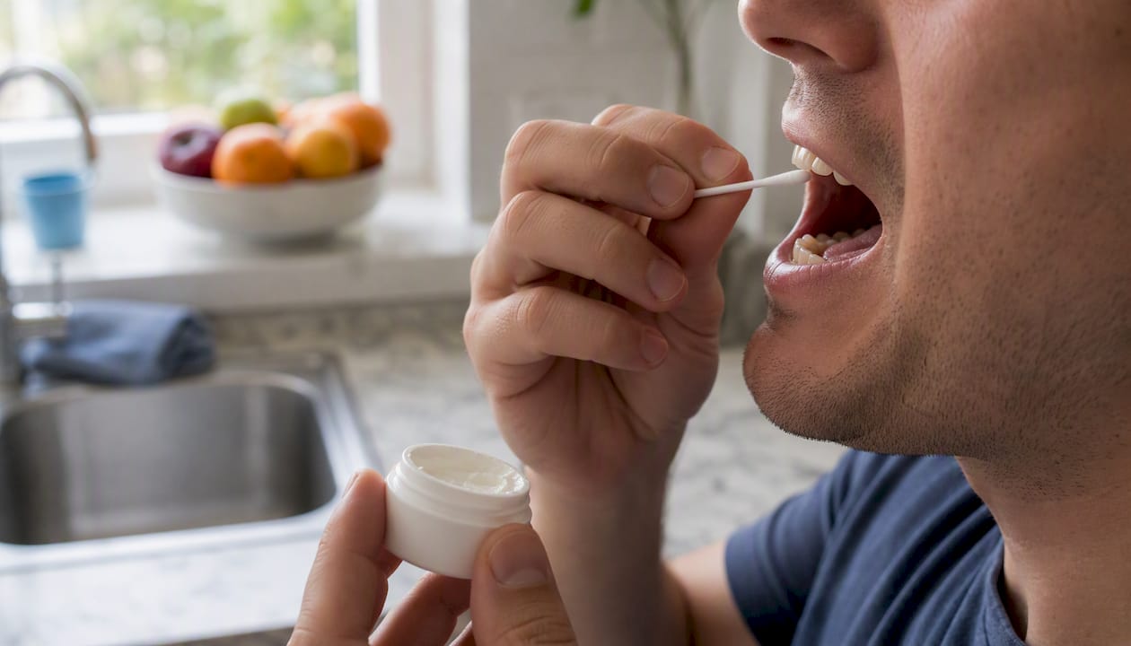 Hands applying temporary dental cement in tooth cavity